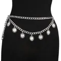 Double-layered silver metal waist chain with sun pattern pendants for women's outfits - Silver
