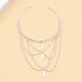 Minimalist silver multilayer choker necklace with tiered chains and rectangular pendants - Basic Tassel Style / Silver