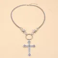 Silver retro cross necklace with pearl pendant and thorn cuban chain details - Cross Pendant Necklace