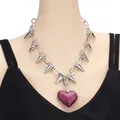 Punk silver chain necklace featuring sharp metal spikes and a large purple resin heart pendant - Purple