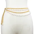 Elegant multi-layer gold metal chain waist belt with vintage faux white pearls for women - Gold