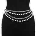 Elegant silver multi-layer body chain with white faux pearls on black background - Silver