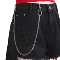 Detail of ripped black denim shorts with punk silver metal chain and belt ring - Ring Single Layer Pant Chain