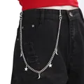 Close-up of a silver star and moon charms trousers chain on black denim jeans - Star Moon Pendant Single Layer Pant Chain
