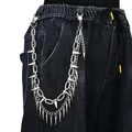 Cadena de pantalones de metal plateado punk de doble capa con pinchos y cierres - 1-k-k666