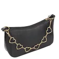 Schwarze Schultertasche mit Kroko-Prägung und dekorativer goldener Herz-Metallkette - Gold