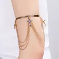 Adjustable golden punk arm cuff with blue marquise stone cross and tassel chains - Blue Cross Style / Gold