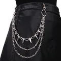 Three-layer silver punk waist chain with metal spikes and hooks on black leather - Rivet Multi-Layer Trousers Chain / White Gold Color