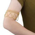 Golden multi-layer tassel arm cuff with woven metal band for beach vacation styling - Bohemian Tassel Style / Gold
