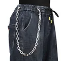 Silver metal pants chain with bold link design and lobster clasps on blue denim jeans - Single Layer Pants Chain / Silver