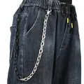 Black and silver metal chain belt accessory for jeans with spring hooks on denim - Black and Silver