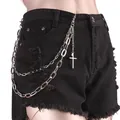 Pantaloncini di jeans neri stile rock punk con catena in vita in metallo a più strati - Argento