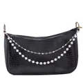 Black crocodile pattern crescent shoulder bag with pearl and silver heart chain straps - Heart Pearl Chain