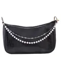 Black crocodile pattern shoulder bag with pearl accents and silver cross chain detail - Cross Pearl Chain
