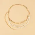 Detail of multilayered pearl and gold chain waist belt with lobster clasp closure - Gold Pearl Waist Chain