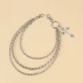 Three-layer silver metal pants chain with punk cross pendant and dual lobster clasps - Silver