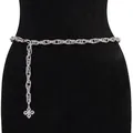 Elegant silver metal chain belt featuring textured rings and a decorative cross pendant - Cross Rhinestone Pendant / Silver