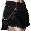 Black denim shorts with distressed ripped hem and layered hip hop punk metal chains - Bead Chain Single Lock Style / Silver