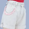 Detail of pink acrylic chain and silver bead chain on beige paperbag waist shorts - Pink