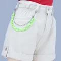 Detail of neon green acrylic chain and silver ball chain on denim shorts pocket - Fluorescent Green