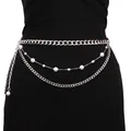 Modische mehrlagige silberne Metall-Taillenkette mit eleganten Perlen auf schwarzem Kleid - Silber