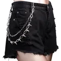Punk black denim shorts with double layered metal waist chains and sharp silver rivets - kkk757
