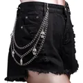 Pantaloncini in denim nero stile punk con catene a tre strati e ciondoli a teschio - Stile Teschio a Tre Strati (kKK760)
