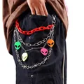 Detail of multi-layer punk waist chain with colorful alien pendants and metal links - Red