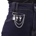 Detail of silver safety pin brooch with hanging lock, keys and double metal chains - Key and Lock Style