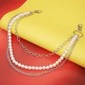 Three-layer silver punk pant chain with white pearls and lobster clasps on colorful background - Style 2 / Silver