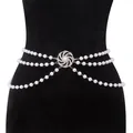 Three-layer faux pearl body waist chain with rhinestone swirl buckle for women - Full Rhinestone Disc Multi-Layer Pearl Waist Chain Silver