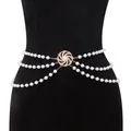 Three-layer pearl body chain with a sparkling gold crystal flower center ornament - Full Rhinestone Disc Multi-Layer Pearl Waist Chain Gold
