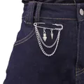 Silver safety pin brooch with hanging metal chains and geometric pendants on denim fabric - Geometric Rhombus Style