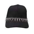 Detail of silver metal chain and punk cone spikes on a black twill baseball cap visor - Spike Rivet Hat Chain