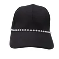 Detail of a black cotton baseball cap featuring stylish white pearl chain decor on the brim - Pearl Chain Hat Chain