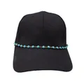 Detail of blue evil eye beads with gold metal chain on a black cotton baseball cap - Light Blue