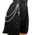 Punk street style black casual shorts with multilayered metal waist chains and cross pendant - Cross Pants Chain / White