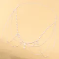 Detail of multi-layer pearl waist chain with metal fringe and teardrop pendants - Double Lobster Clasp Style / 115cm / Silver White
