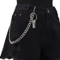 Close-up of a punk silver metal waist chain with ring pendant on black denim shorts - Silver (Zinc Alloy)