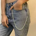 Double-layered waist chain with white pearls and silver beads on denim jeans - Double Layer Pearl Bead Chain / White/Silver