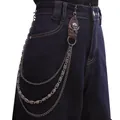 Three-layer punk waist chain with leather skull charm and metal links for jeans - Brown Leather Skull Pendant Style