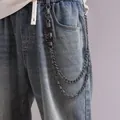 Punk silver double-layer trousers chain with skull charms on light blue denim jeans - Double Layer Leather Skull Chain Style
