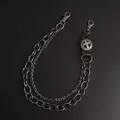 Close-up of double-layer punk chain with vintage leather cross pendant and lobster clasps - Black Cowhide Cross Large Ring Style