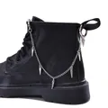 Detail view of black matte leather boot with silver punk metal spikes and chains - Fine Chain Rivet Shoe Chain