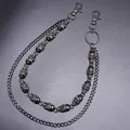 Close-up of double-layer punk pants chain featuring skull links and lobster clasps - Double Layer Skull Style / Gunmetal
