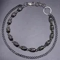 Double-layered gothic hip-hop pant chain featuring skull links and curb chain in gunmetal finish - Double Layer Skull Pant Chain / Black