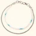 Detalle de cadena para jeans de doble capa con cuentas turquesas y perlas en cadena plateada - Cadena de Pantalón de Perlas Doble Capa (Blanco Azul Plata)