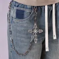 Punk style pants chain with rhinestone cross pendant on vintage denim background - Single Layer Rhinestone Cross Pants Chain / Gunmetal