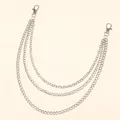 Close-up of triple-layered silver metal hip hop trousers chain with lobster clasps - White K Multi-Layer Pants Chain