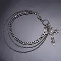 Dreilagige Metall-Hosenkette in Gunmetal mit Strass-Kreuzanhänger und Karabiner - Gunmetal